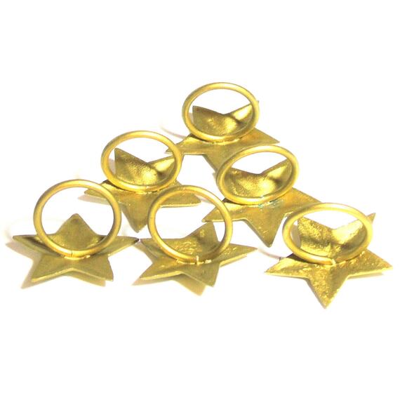 Brass Gold Star Napkin Rings 2.5" Set 6 Brushed Metal Stars Holiday New Year - Picture 3 of 4